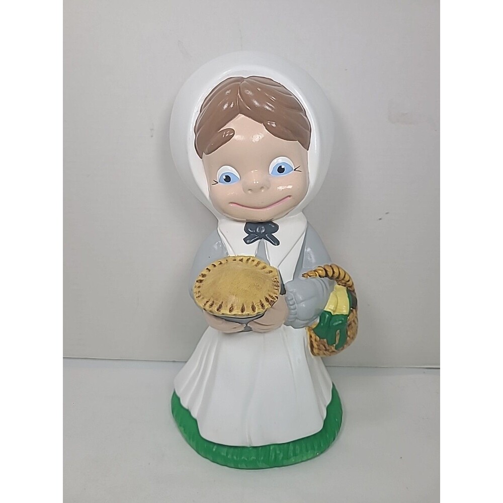 Vintage Pilgrim Smiley Girl Thanksgiving Ceramic Figurine Atlantic Mold (12.5")